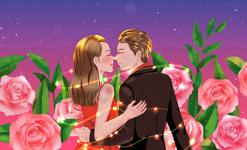七夕节拥抱亲吻的情侣与玫瑰花图片