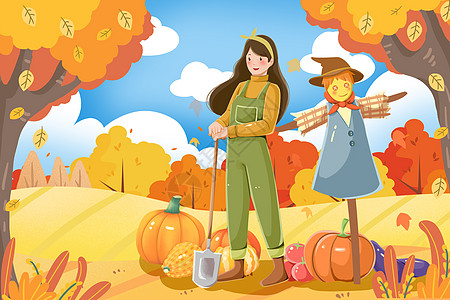 蔬菜丰收秋收的女孩和稻草人插画
