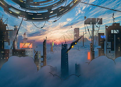 赛博朋克未来科技都市背景插画图片