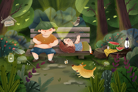 西瓜处暑森林里乘凉的小朋友插画