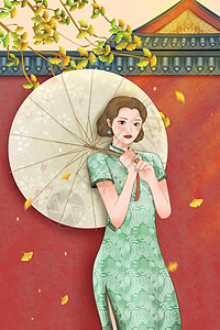 初秋银杏树下的旗袍女子背景图片