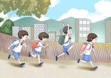 家校园开学季一起上学的孩子插画