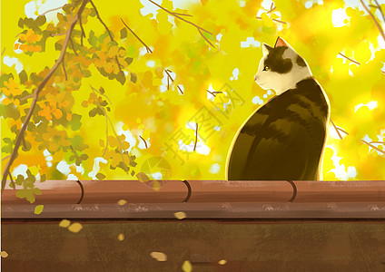 入秋金黄树叶下的猫咪背景图片