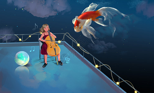 梦幻坐在楼顶拉大提琴唯美插画高清图片