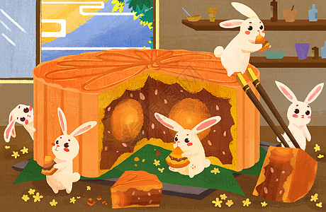 中秋节兔子和月饼插画