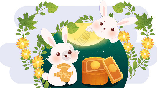 中秋节玉兔吃月饼插画图片