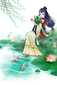 处暑抱荷花的古风少女插画图片素材
