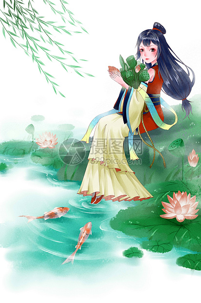 处暑抱荷花的古风少女插画