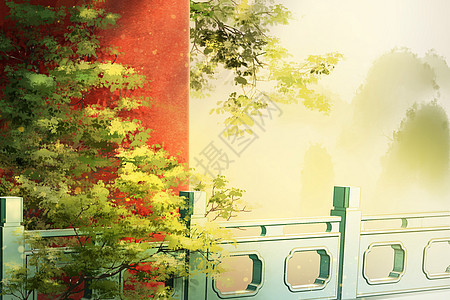 秋天的枫叶中式复古背景插画图片