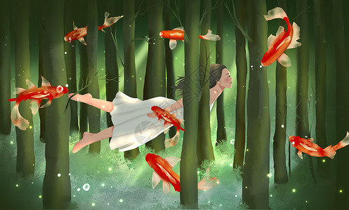 飞行在森林中的鱼与少女梦幻插画图片