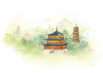 水墨云彩中国风山水水墨城市地标建筑西安插画