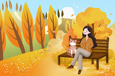 秋天坐在长椅上的女孩和猫咪图片