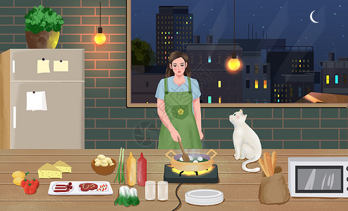 准备晚餐在厨房做饭的女性插画