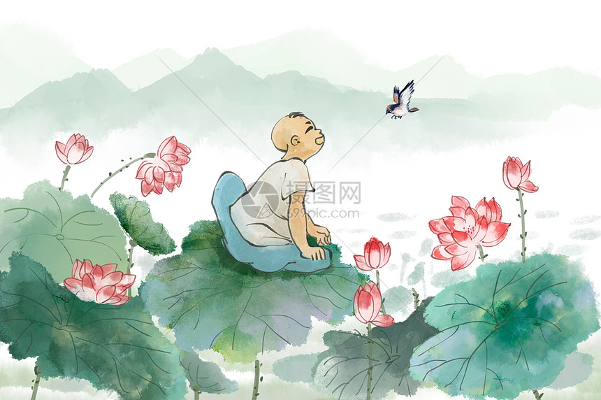 夏日荷花水墨插画插画图片下载 正版图片 摄图网
