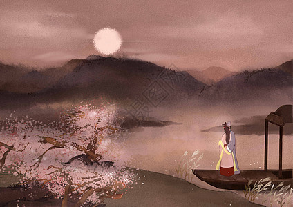 七夕牛郎与织女河边私语水墨古风插画背景图片