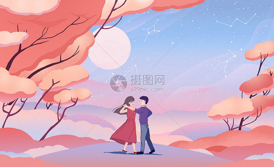 七夕情人节情侣跳舞华尔兹插画图片