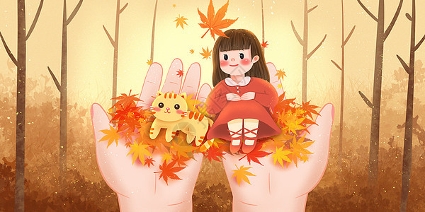 清新秋天枫叶堆中的女孩与猫咪图片