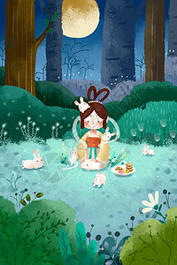 中秋节嫦娥与兔子赏月插图图片