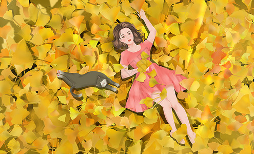 秋天躺在银杏落叶上的女孩图片