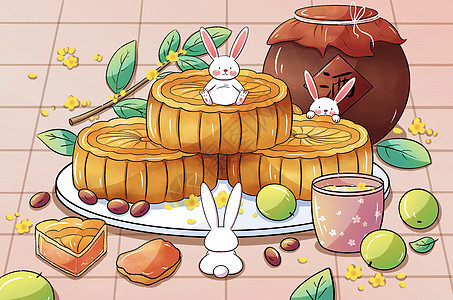 中秋节手绘玉兔与月饼图片