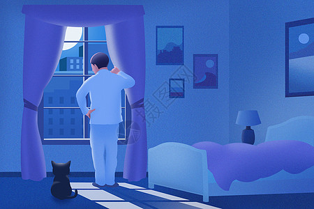 缓解焦虑抑郁失眠的男子站在窗前插画