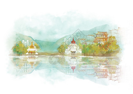 云南香格里拉中国风山水水墨城市地标建筑插画图片