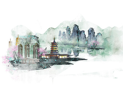 广西桂林中国风山水水墨城市地标建筑插画图片素材