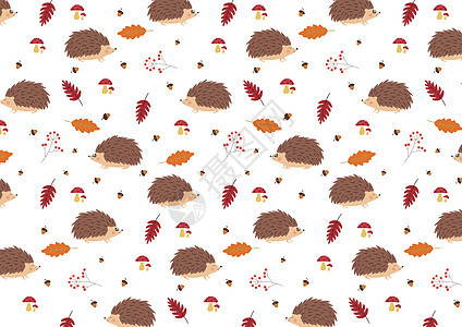 秋天刺猬和落叶背景素材插画图片