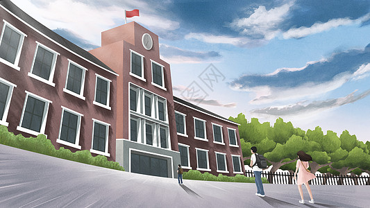 学院建筑开学季学生返校插画