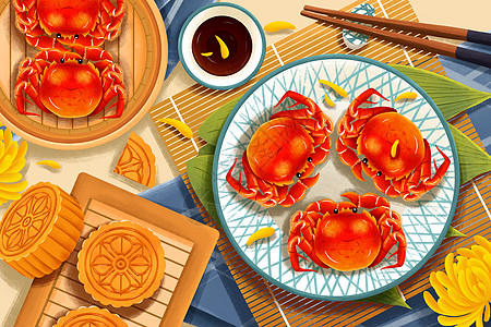 一盘月饼中秋节美味螃蟹月饼插画插画