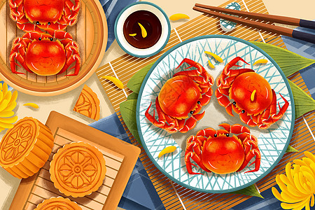 中秋节美味螃蟹月饼插画图片