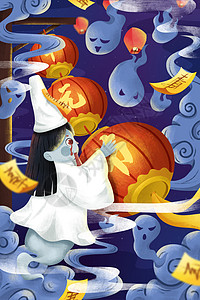 分割符中元节灯笼鬼魂女鬼插画插画