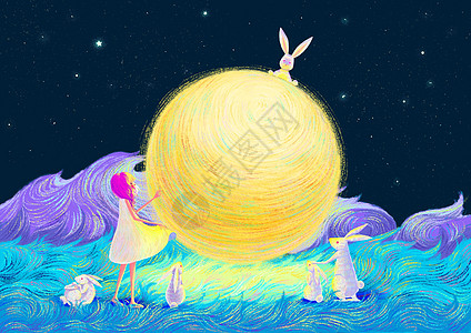 升起的月亮玉兔线圈插画高清图片