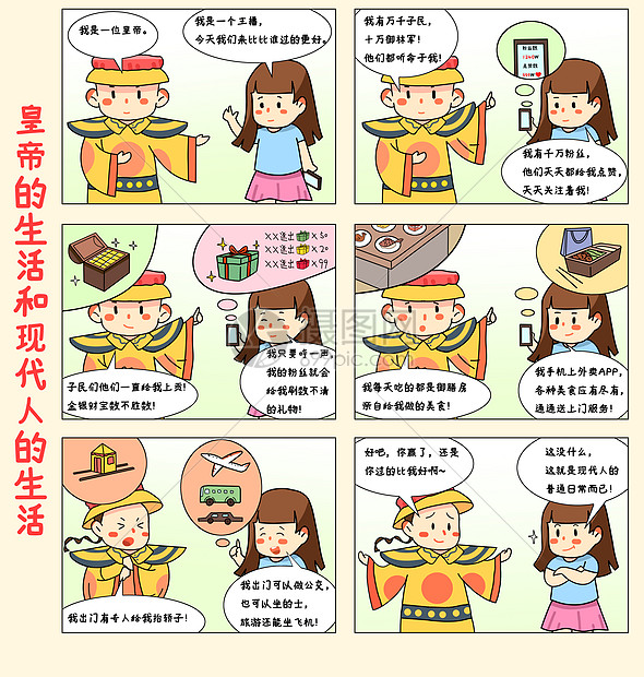 六格吐槽漫画皇帝的生活和现代人的生活图片