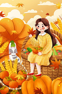二十四节气秋分秋季丰收女孩与猫插画图片
