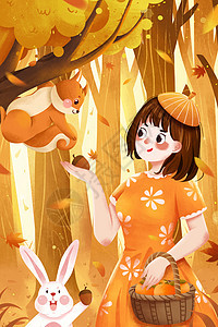 二十四节气秋分树林里女孩与松鼠兔子插画图片