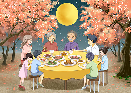 吃饭的男女中秋节一家团圆聚餐插画