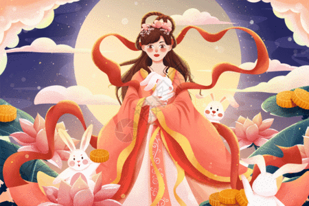 公主与汤圆们八月十五中秋节嫦娥与兔子插画GIF高清图片