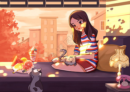 秋分阳台边沐浴阳光的女孩和猫图片