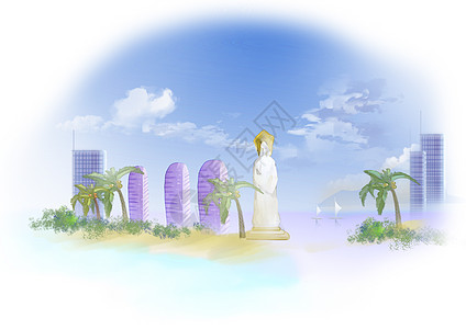 海南中国风山水水墨城市地标建筑插画背景图片