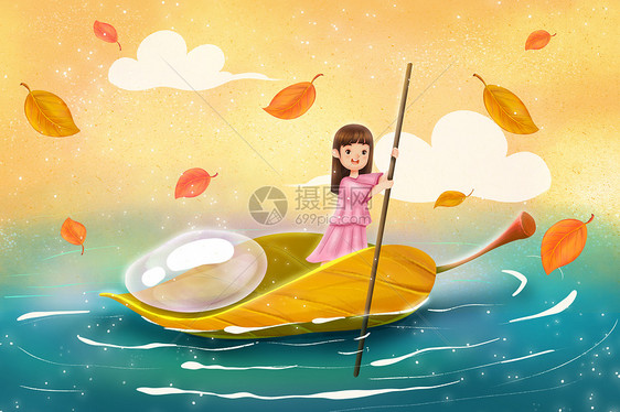 女孩撑着叶子船图片