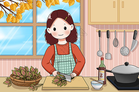 吃秋菜在厨房做饭插画图片