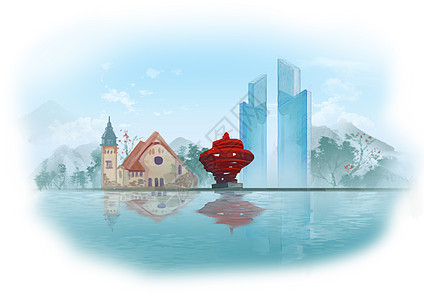 青岛中国风山水水墨城市地标建筑插画背景图片