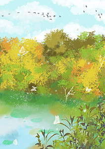 秋天池塘竖版插画图片