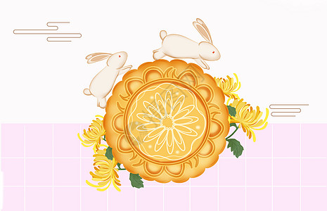 中秋节月饼和兔子插画
