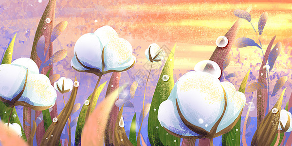 夕阳下的树秋天夕阳下的棉花田插画