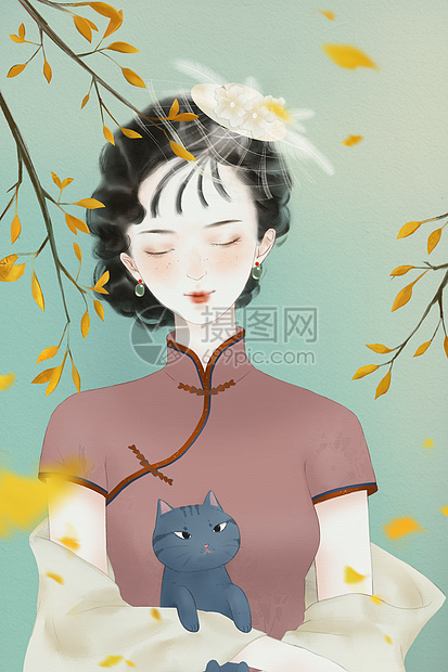 秋天民国美女复古旗袍猫咪插画图片