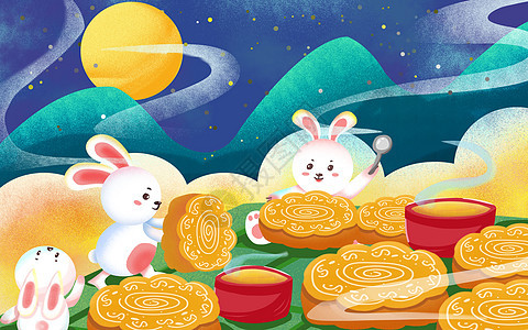 中秋节吃月饼的兔子手绘高清图片素材