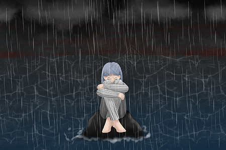 暴雨天空暴雨中孤岛上无助的女孩插画