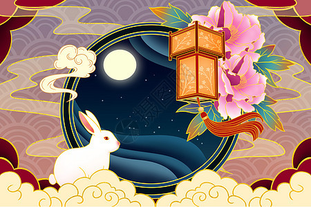 兔子灯笼下赏月剪纸风插画图片